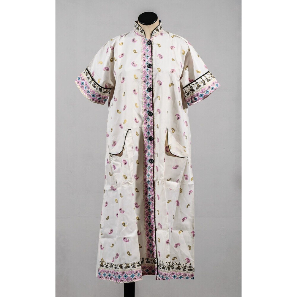 VTG 70s Miss Hollywood White Print Sheer A Line Swing Kimono Nightgown Sz 36